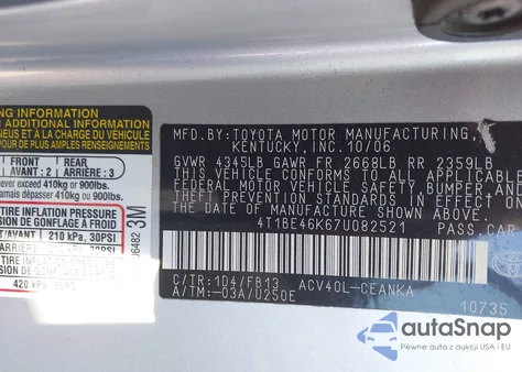 2007 Toyota Camry Le from USA, damaged, VIN 4T1BE46K67U082521